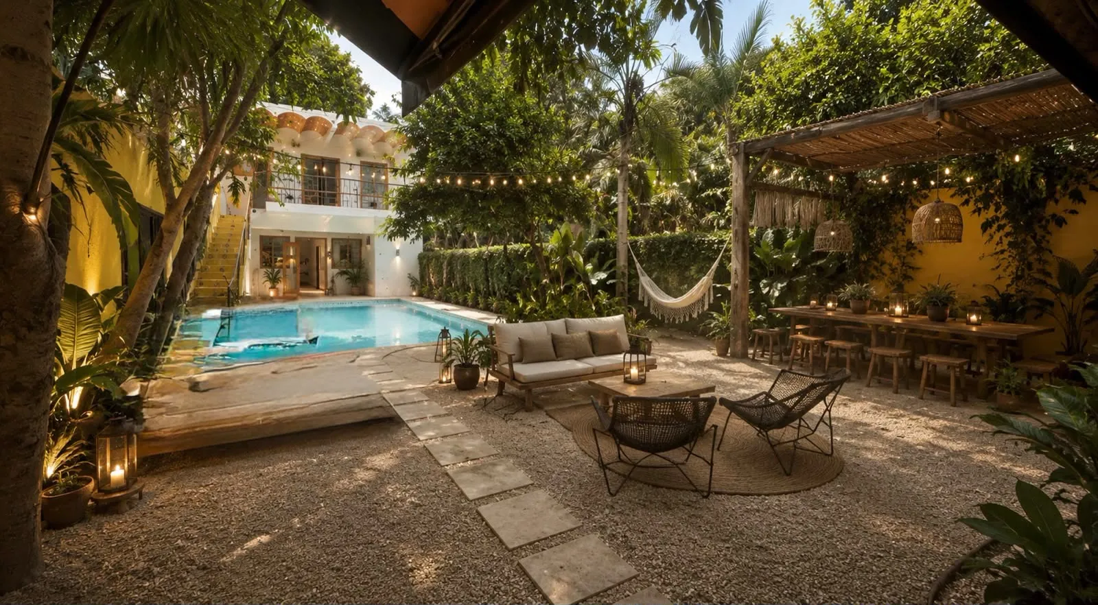 La piscina y el jardín al caer la tarde, con luces colgantes entre las palmas.