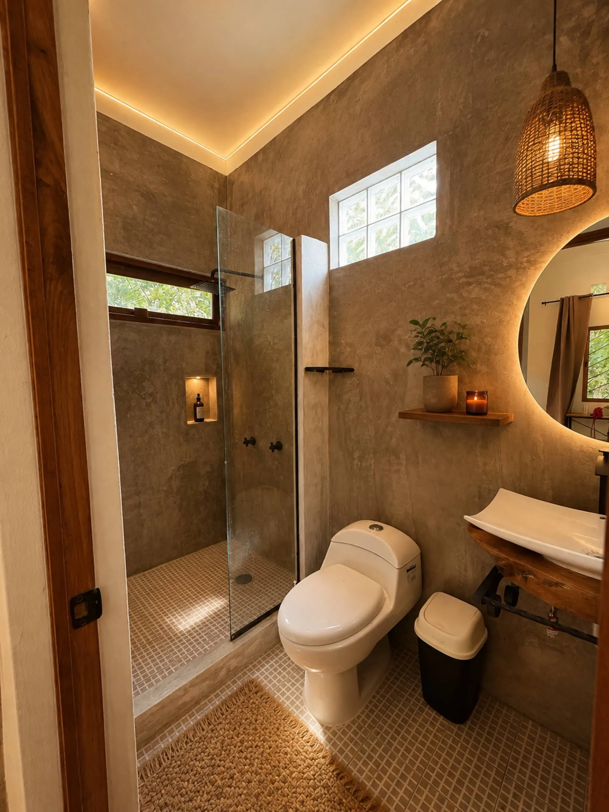 Baño con regadera de cristal, espejo redondo y luz cálida.