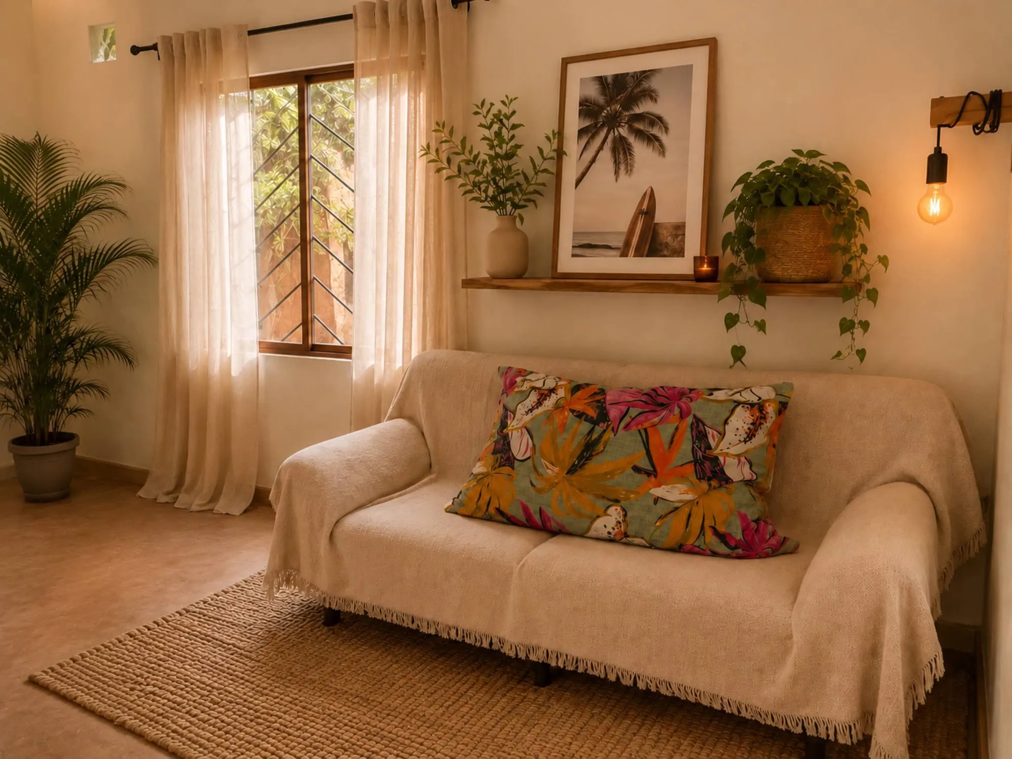 Rincón de estar con sofá, plantas y luz suave de la ventana.